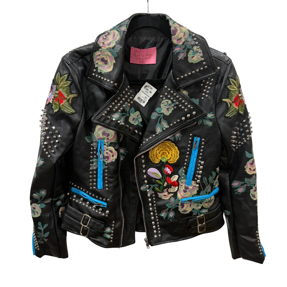 Azalea Wang L'Aveugle Par Amour Studded Floral Embroidered Moto Jacket Black S